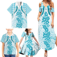 Aloha Hawaii Palaka Family Matching Summer Maxi Dress and Hawaiian Shirt Blue Plumeria Lei - Polynesian Pride