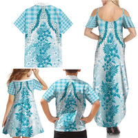 Aloha Hawaii Palaka Family Matching Summer Maxi Dress and Hawaiian Shirt Blue Plumeria Lei - Polynesian Pride