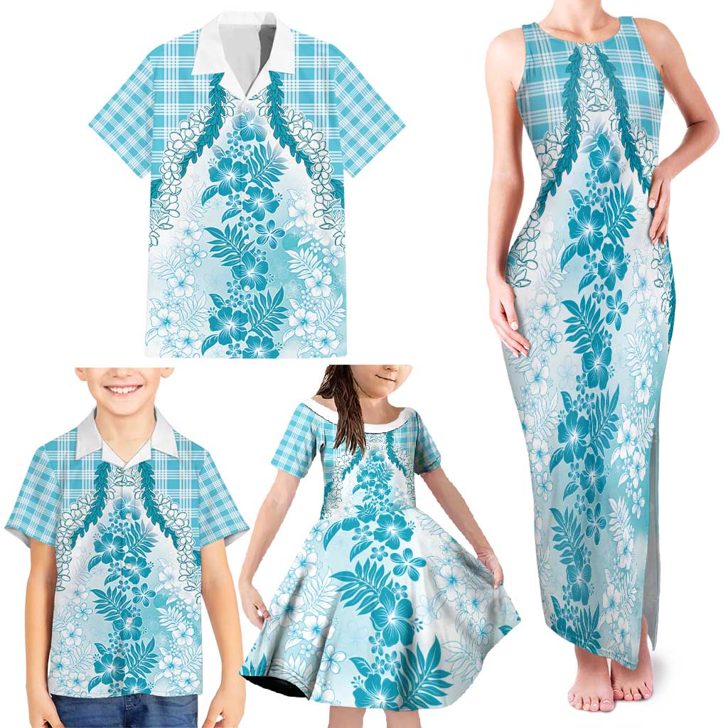 Aloha Hawaii Palaka Family Matching Tank Maxi Dress and Hawaiian Shirt Blue Plumeria Lei - Polynesian Pride