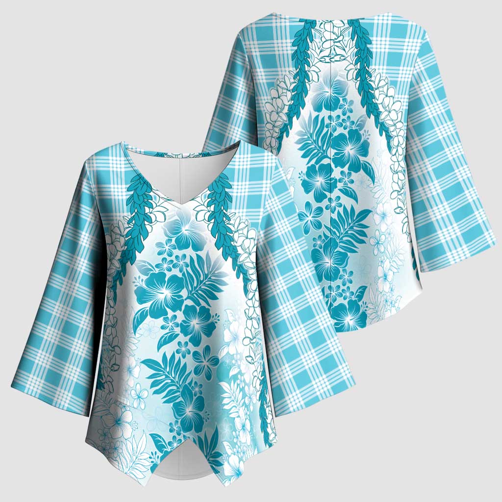 Aloha Hawaii Palaka Kimono Sleeve Blouse Blue Plumeria Lei - Polynesian Pride