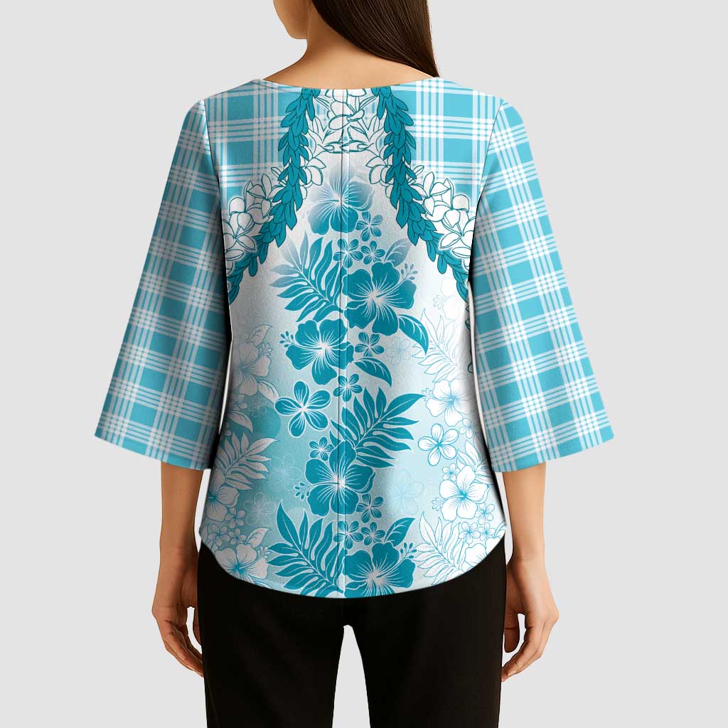 Aloha Hawaii Palaka Kimono Sleeve Blouse Blue Plumeria Lei - Polynesian Pride