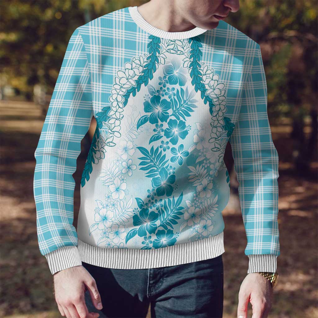 Aloha Hawaii Palaka Ugly Christmas Sweater Blue Plumeria Lei - Polynesian Pride