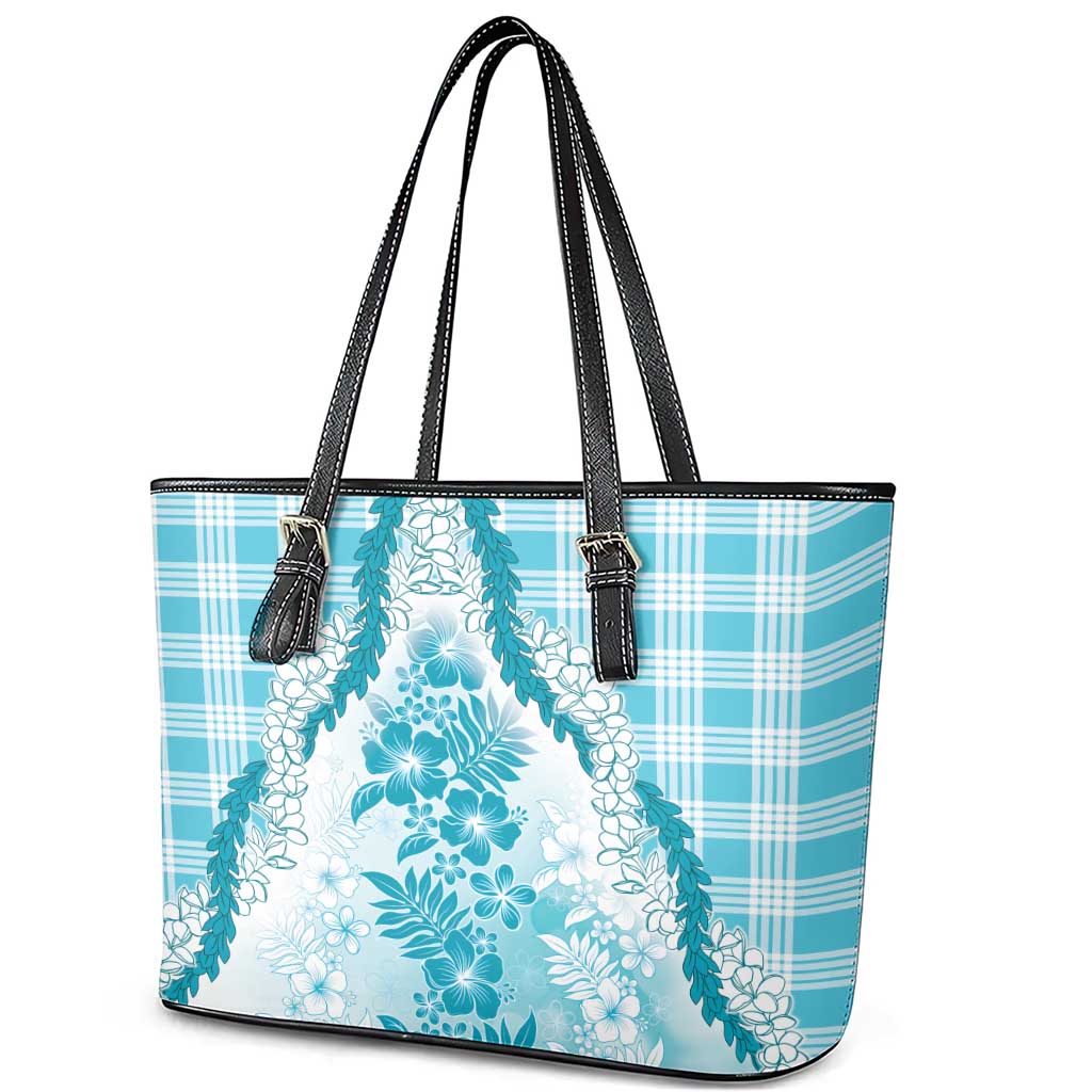 Aloha Hawaii Palaka Leather Tote Bag Blue Plumeria Lei - Polynesian Pride