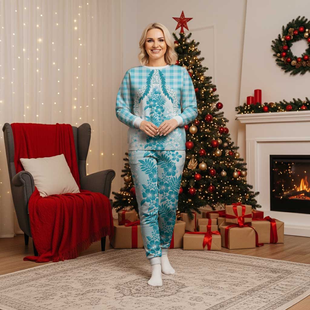 Aloha Hawaii Palaka Christmas Pajama Set Blue Plumeria Lei - Polynesian Pride