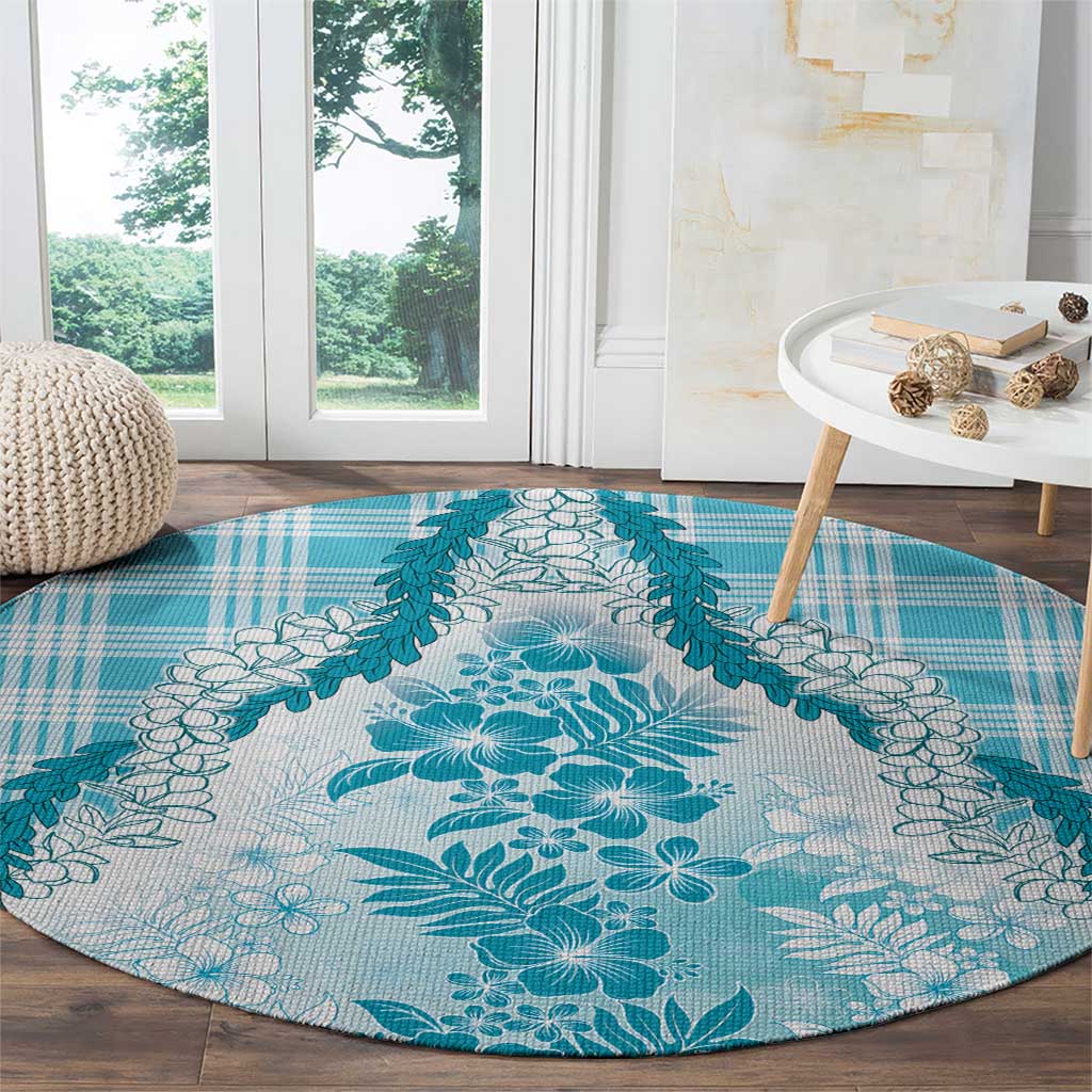 Aloha Hawaii Palaka Round Carpet Blue Plumeria Lei - Polynesian Pride