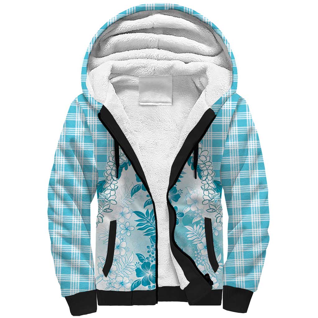 Aloha Hawaii Palaka Sherpa Hoodie Blue Plumeria Lei - Polynesian Pride