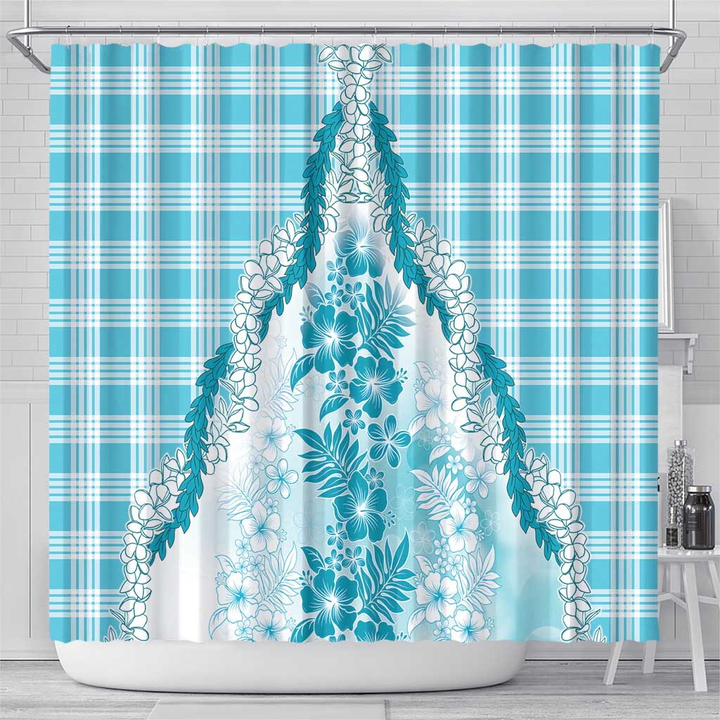 Aloha Hawaii Palaka Shower Curtain Blue Plumeria Lei - Polynesian Pride