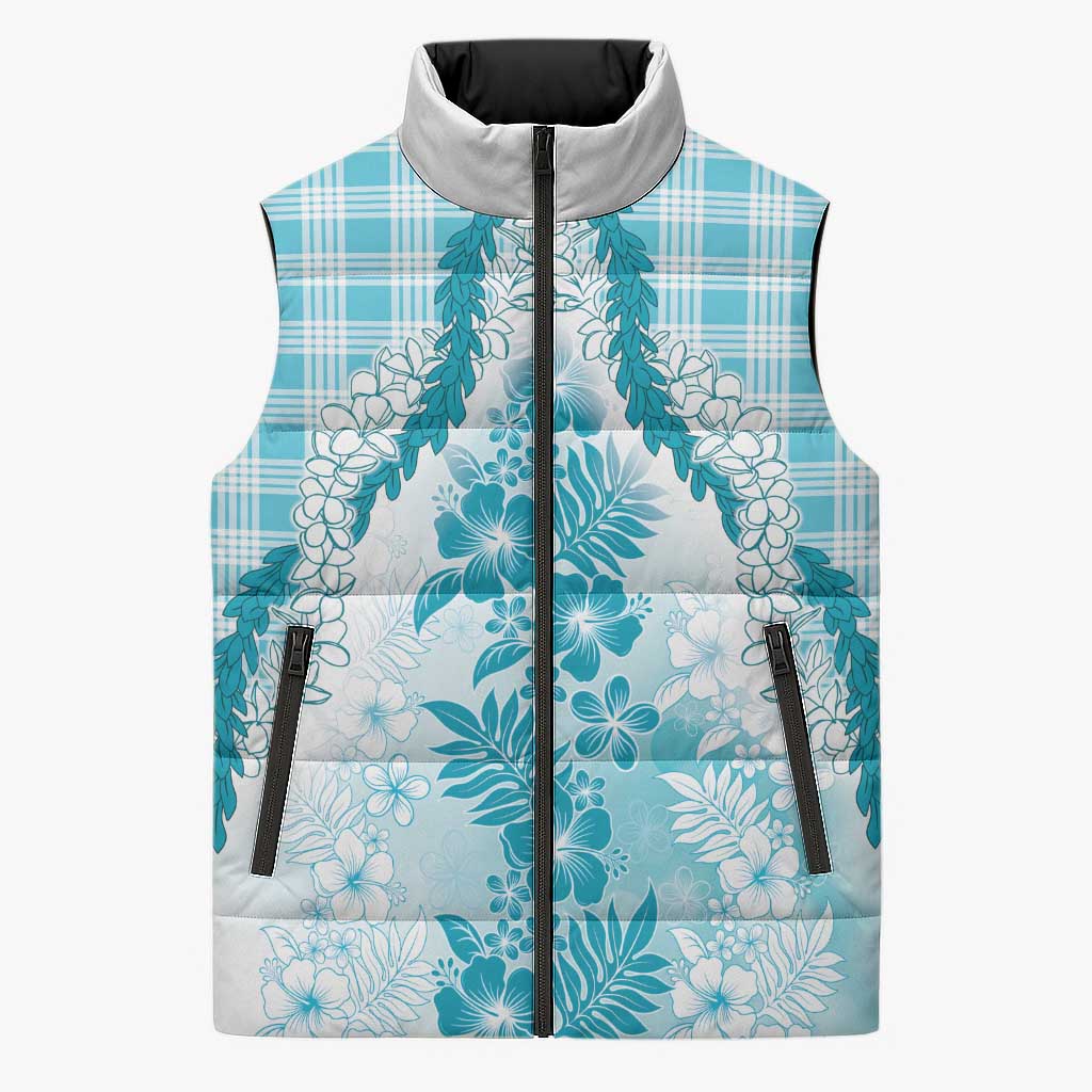 Aloha Hawaii Palaka Sleeveless Puffer Jacket Blue Plumeria Lei - Polynesian Pride