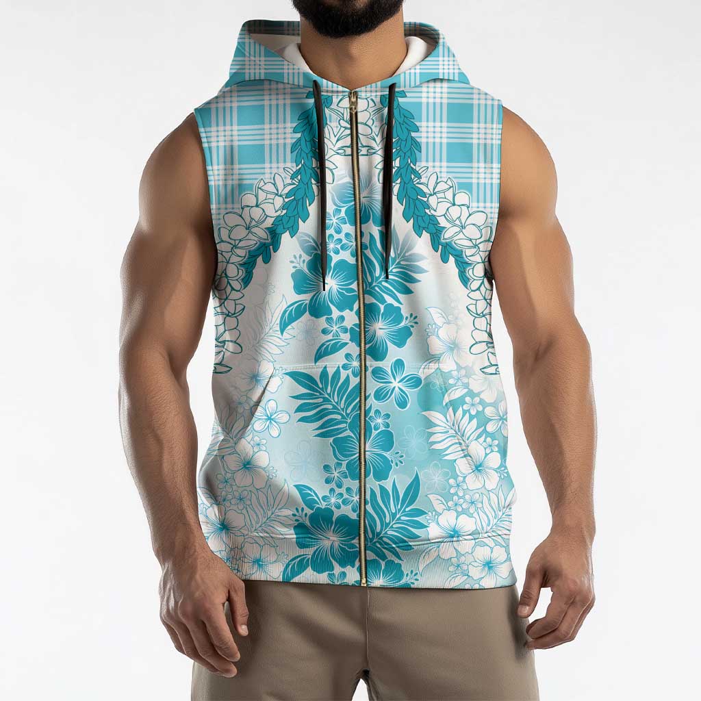 Aloha Hawaii Palaka Sleeveless Zip Hoodie Blue Plumeria Lei - Polynesian Pride