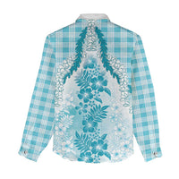 Aloha Hawaii Palaka Women Casual Shirt Blue Plumeria Lei - Polynesian Pride