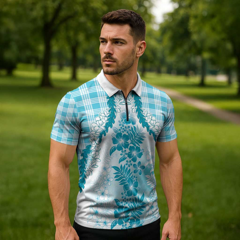 Aloha Hawaii Palaka Zipper Polo Shirt Blue Plumeria Lei - Polynesian Pride