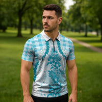 Aloha Hawaii Palaka Zipper Polo Shirt Blue Plumeria Lei - Polynesian Pride