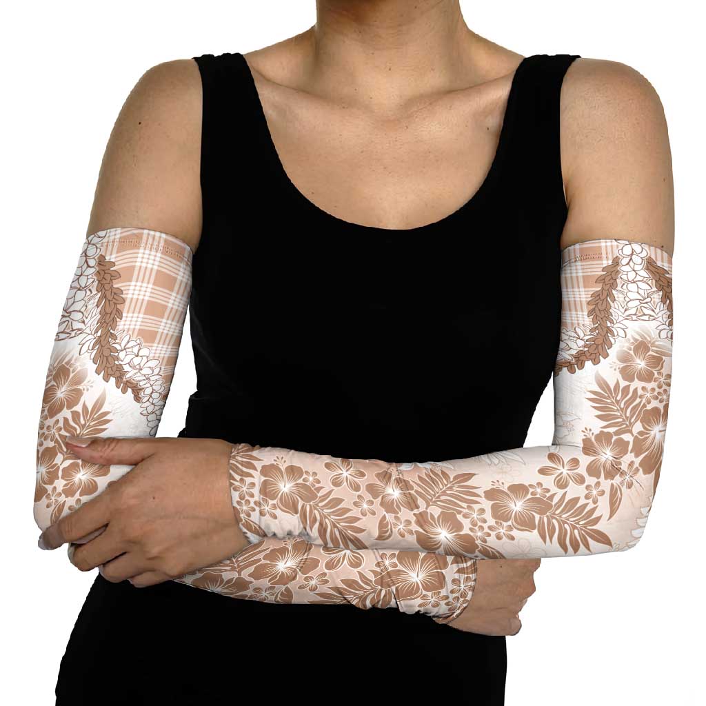Aloha Hawaii Palaka Arm Sleeves Beige Plumeria Lei - Polynesian Pride