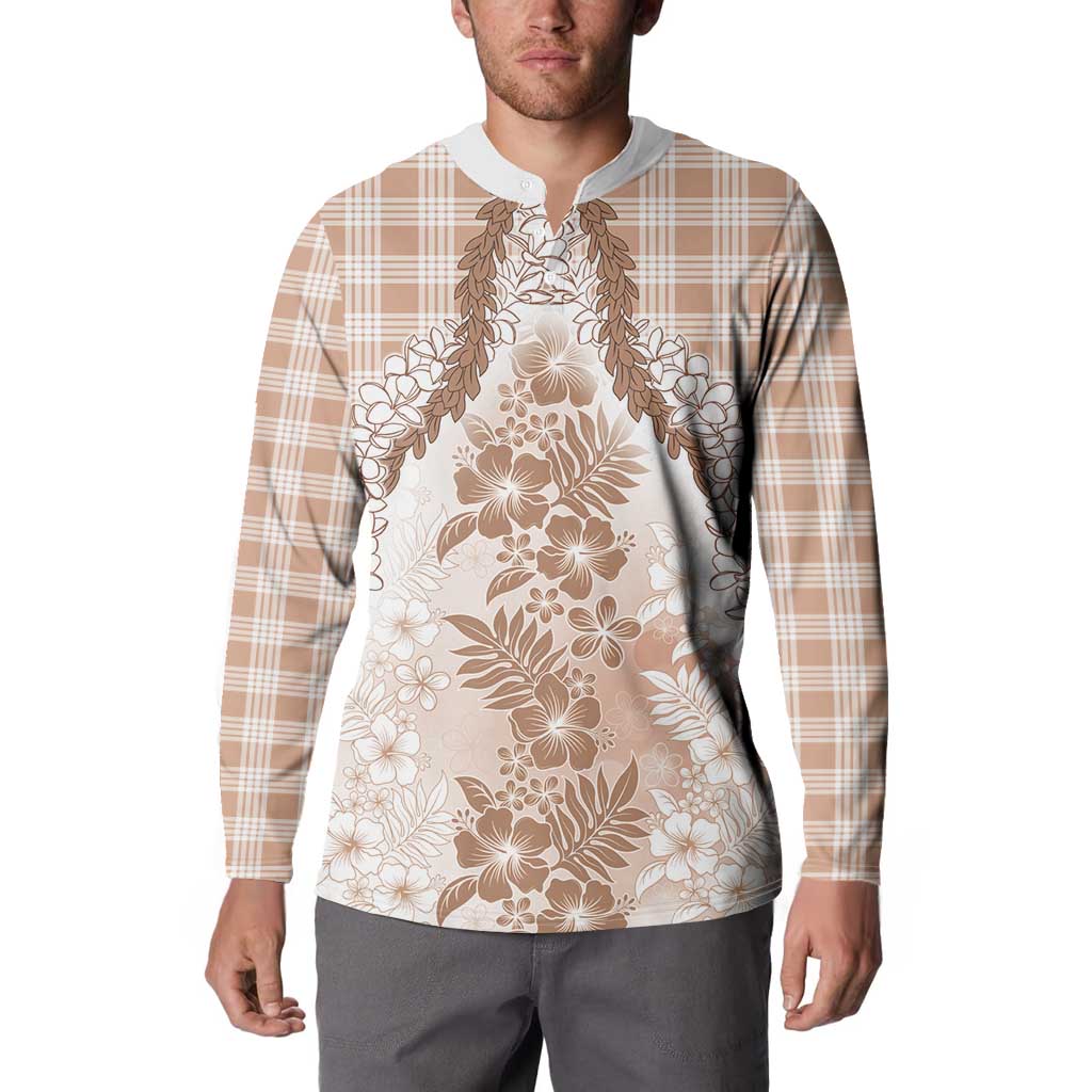 Aloha Hawaii Palaka Button Sweatshirt Beige Plumeria Lei - Polynesian Pride