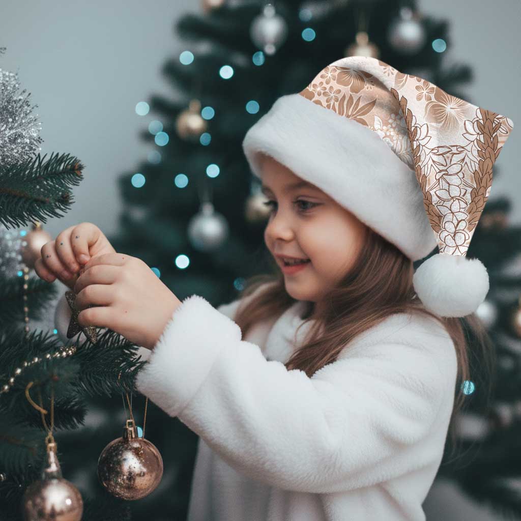 Aloha Hawaii Palaka Christmas Santa Hat Beige Plumeria Lei - Polynesian Pride