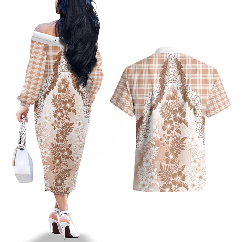 Aloha Hawaii Palaka Couples Matching Off The Shoulder Long Sleeve Dress and Hawaiian Shirt Beige Plumeria Lei - Polynesian Pride