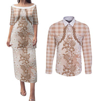 Aloha Hawaii Palaka Couples Matching Puletasi and Long Sleeve Button Shirt Beige Plumeria Lei - Polynesian Pride