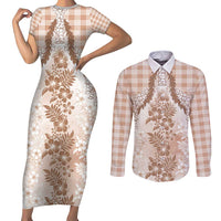 Aloha Hawaii Palaka Couples Matching Short Sleeve Bodycon Dress and Long Sleeve Button Shirt Beige Plumeria Lei - Polynesian Pride