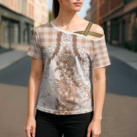 Aloha Hawaii Palaka Cross Shoulder Shirt Beige Plumeria Lei - Polynesian Pride