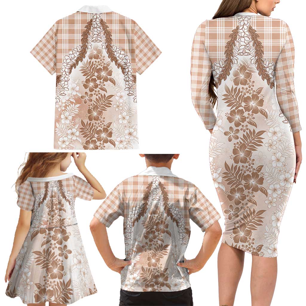 Aloha Hawaii Palaka Family Matching Long Sleeve Bodycon Dress and Hawaiian Shirt Beige Plumeria Lei - Polynesian Pride