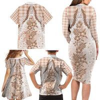 Aloha Hawaii Palaka Family Matching Long Sleeve Bodycon Dress and Hawaiian Shirt Beige Plumeria Lei - Polynesian Pride
