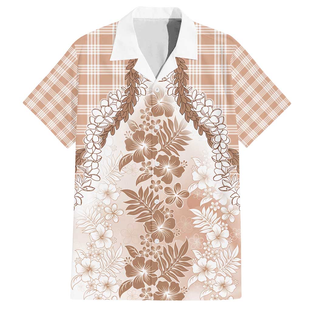 Aloha Hawaii Palaka Family Matching Off Shoulder Short Dress and Hawaiian Shirt Beige Plumeria Lei - Polynesian Pride