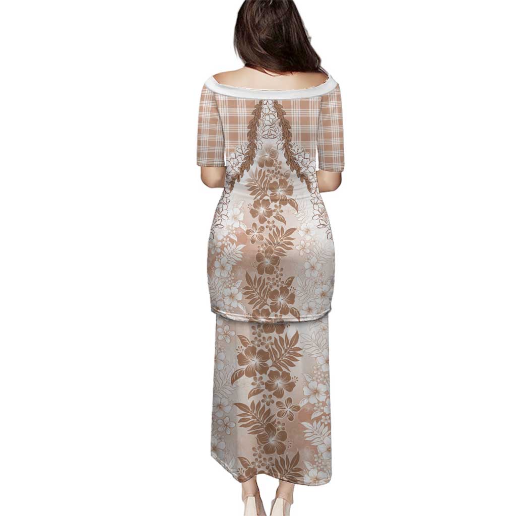 Aloha Hawaii Palaka Family Matching Puletasi and Hawaiian Shirt Beige Plumeria Lei - Polynesian Pride