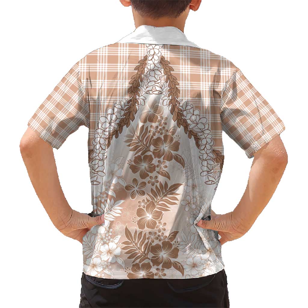 Aloha Hawaii Palaka Family Matching Short Sleeve Bodycon Dress and Hawaiian Shirt Beige Plumeria Lei - Polynesian Pride