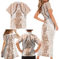 Aloha Hawaii Palaka Family Matching Short Sleeve Bodycon Dress and Hawaiian Shirt Beige Plumeria Lei - Polynesian Pride
