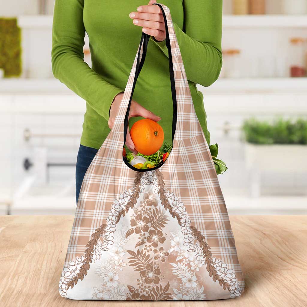 Aloha Hawaii Palaka Grocery Bag Beige Plumeria Lei - Polynesian Pride
