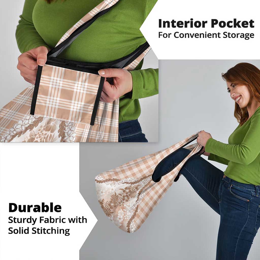 Aloha Hawaii Palaka Grocery Bag Beige Plumeria Lei - Polynesian Pride