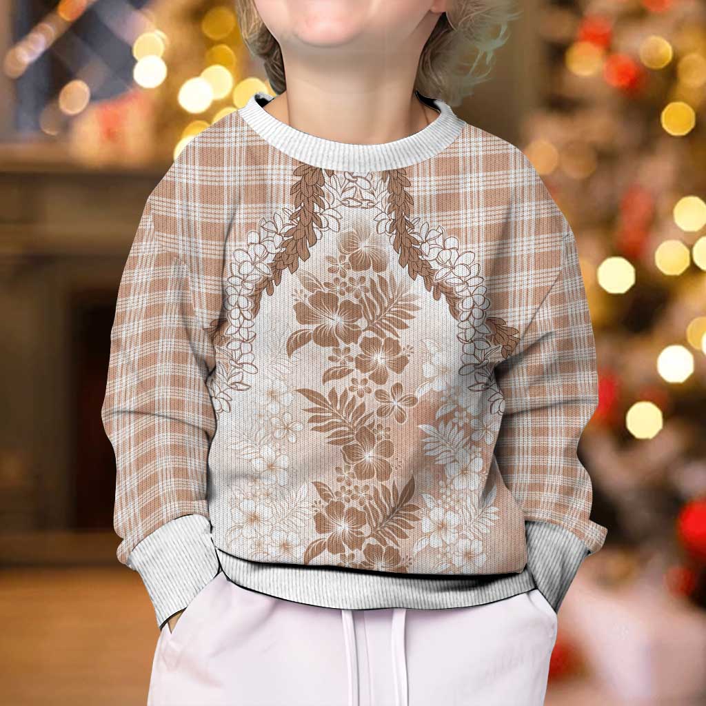 Aloha Hawaii Palaka Kid Ugly Christmas Sweater Beige Plumeria Lei - Polynesian Pride