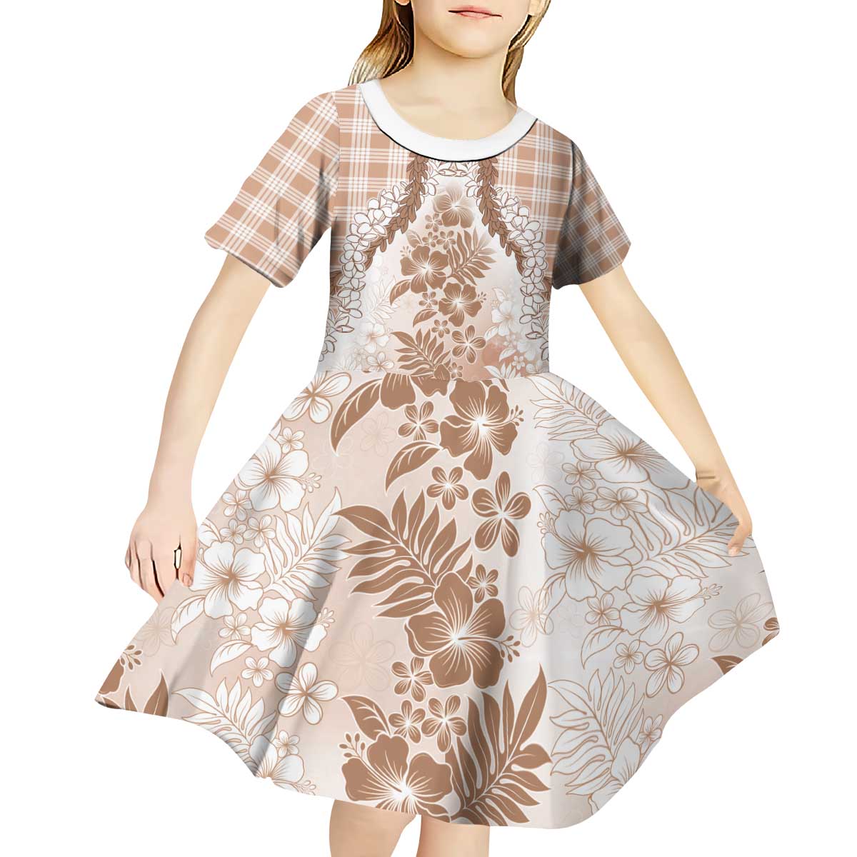 Aloha Hawaii Palaka Kid Short Sleeve Dress Beige Plumeria Lei - Polynesian Pride