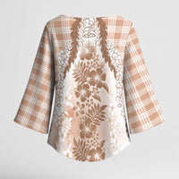Aloha Hawaii Palaka Kimono Sleeve Blouse Beige Plumeria Lei - Polynesian Pride