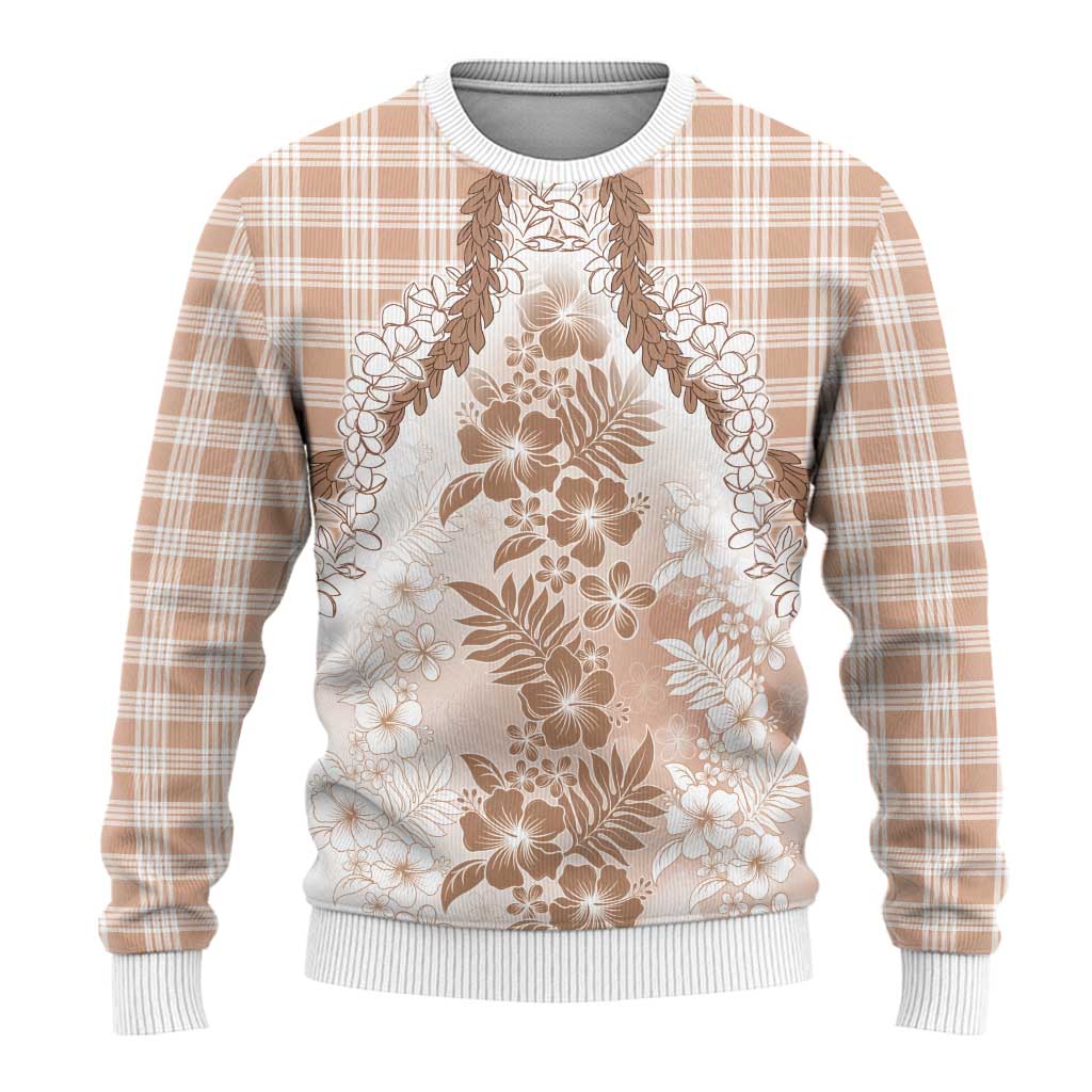 Aloha Hawaii Palaka Ugly Christmas Sweater Beige Plumeria Lei - Polynesian Pride