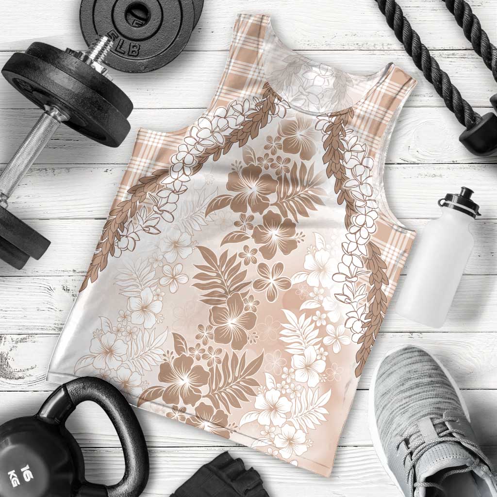 Aloha Hawaii Palaka Men Tank Top Beige Plumeria Lei - Polynesian Pride