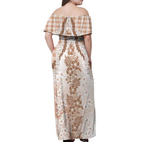Aloha Hawaii Palaka Off Shoulder Maxi Dress Beige Plumeria Lei - Polynesian Pride