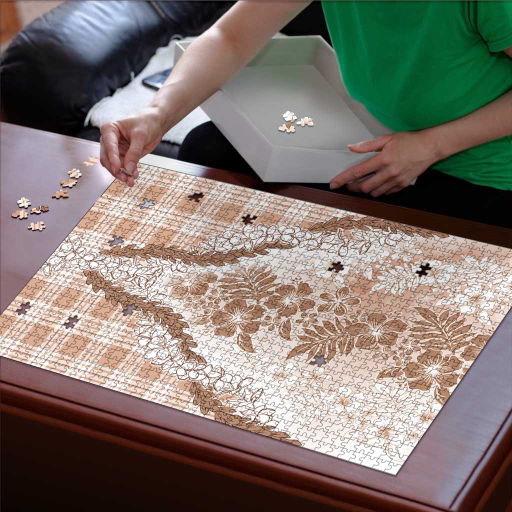 Aloha Hawaii Palaka Puzzle Beige Plumeria Lei - Polynesian Pride