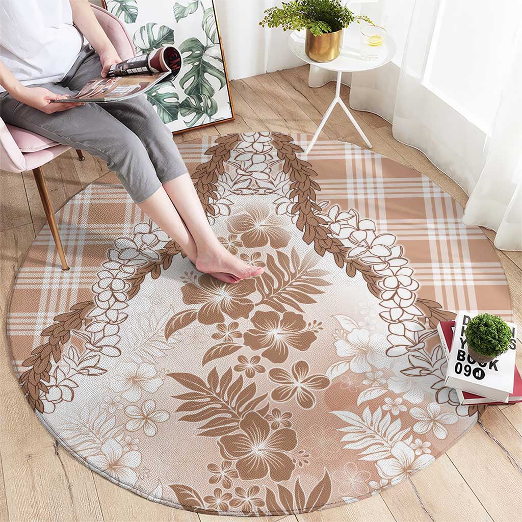 Aloha Hawaii Palaka Round Carpet Beige Plumeria Lei - Polynesian Pride