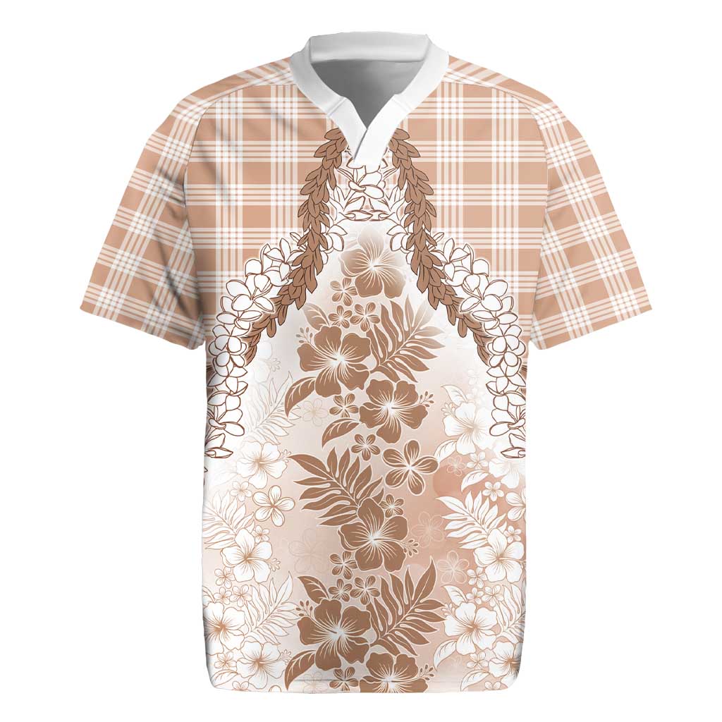 Aloha Hawaii Palaka Rugby Jersey Beige Plumeria Lei - Polynesian Pride