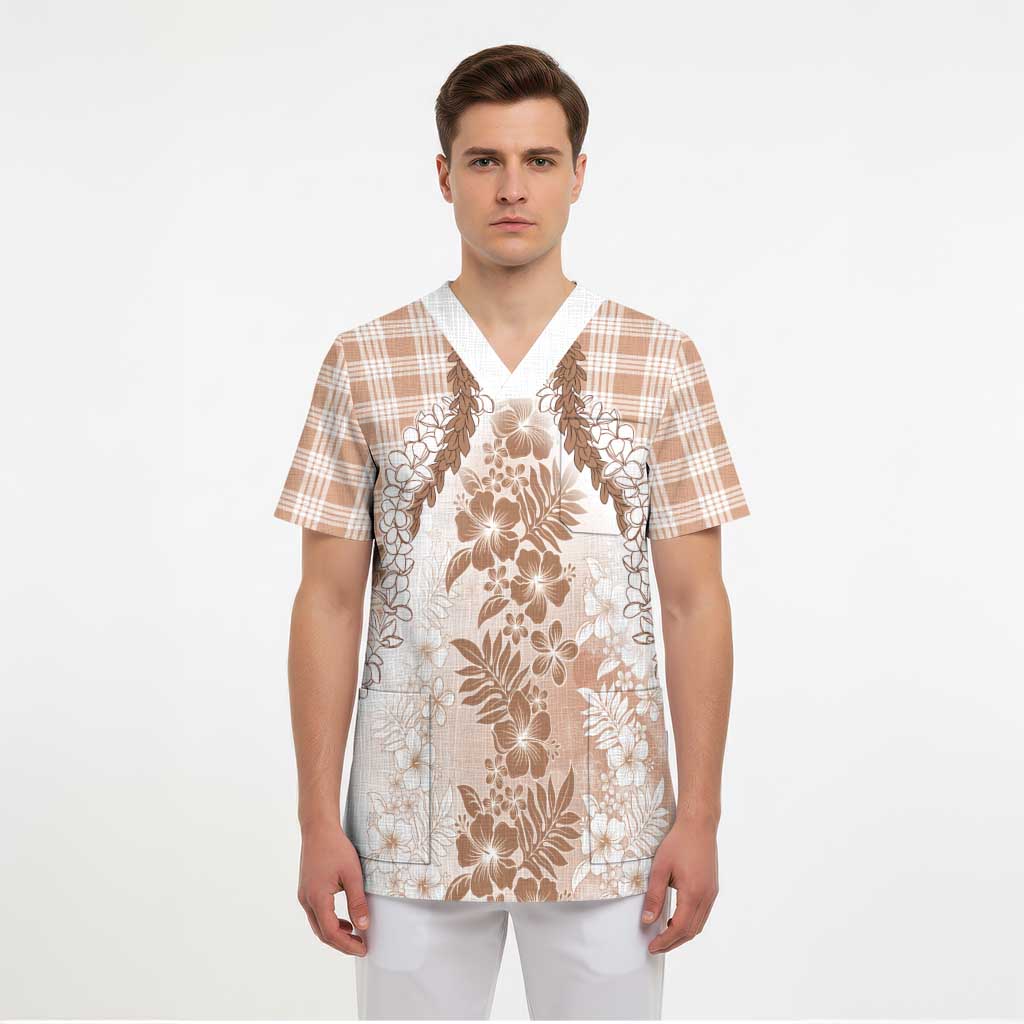 Aloha Hawaii Palaka Scrub Top Beige Plumeria Lei - Polynesian Pride