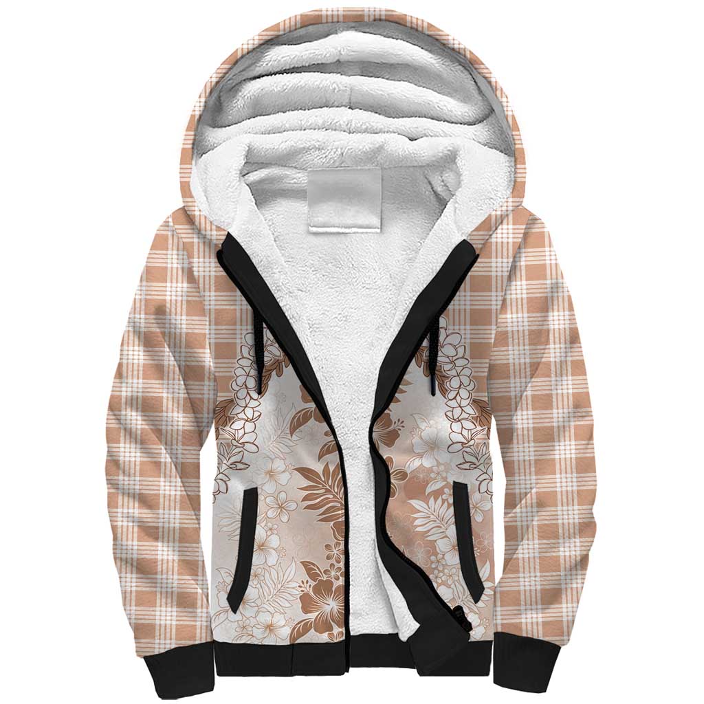 Aloha Hawaii Palaka Sherpa Hoodie Beige Plumeria Lei - Polynesian Pride