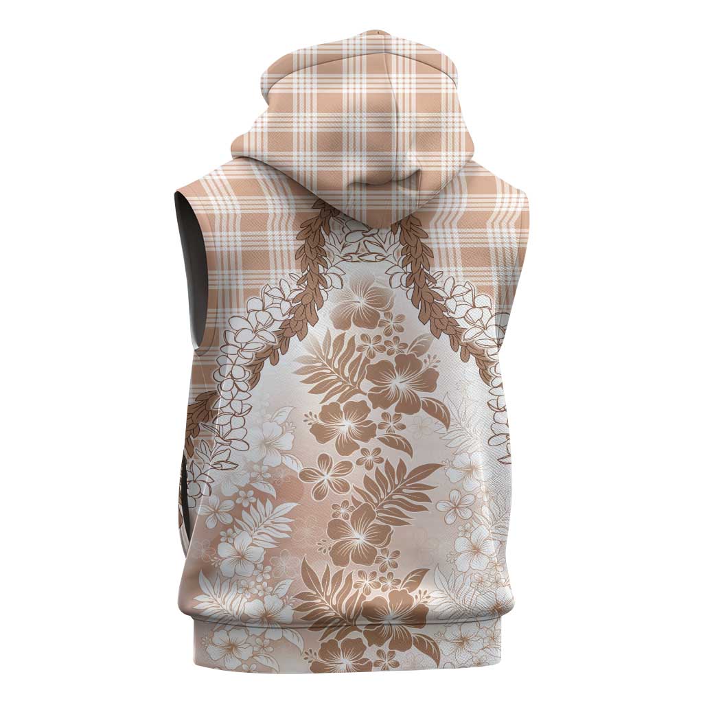 Aloha Hawaii Palaka Sleeveless Zip Hoodie Beige Plumeria Lei LT05 - Polynesian Pride