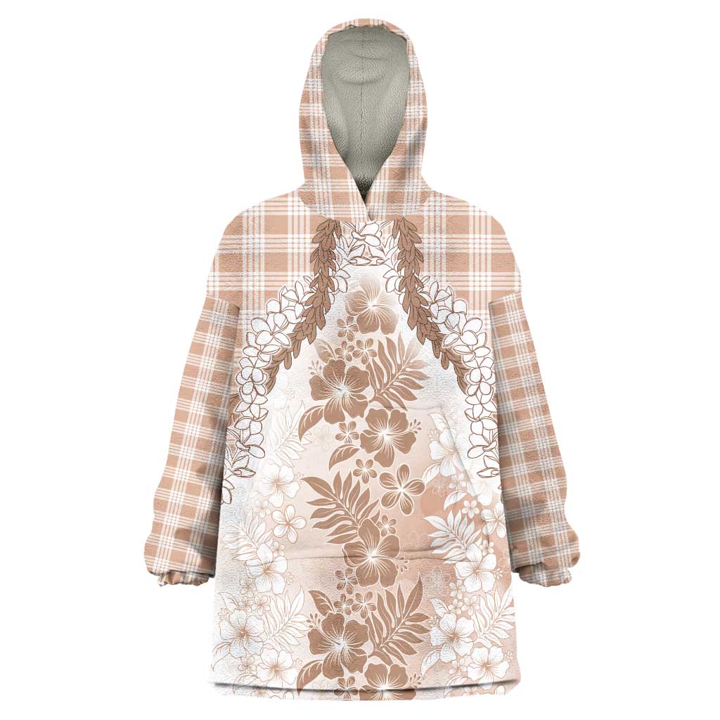 Aloha Hawaii Palaka Wearable Blanket Hoodie Beige Plumeria Lei - Polynesian Pride