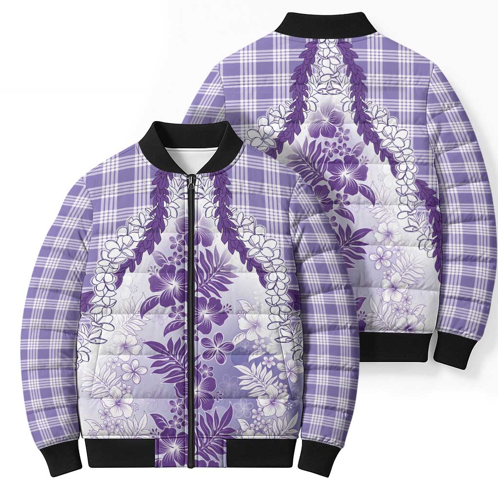 Aloha Hawaii Palaka Bomber Puffer Jacket Purple Plumeria Lei - Polynesian Pride