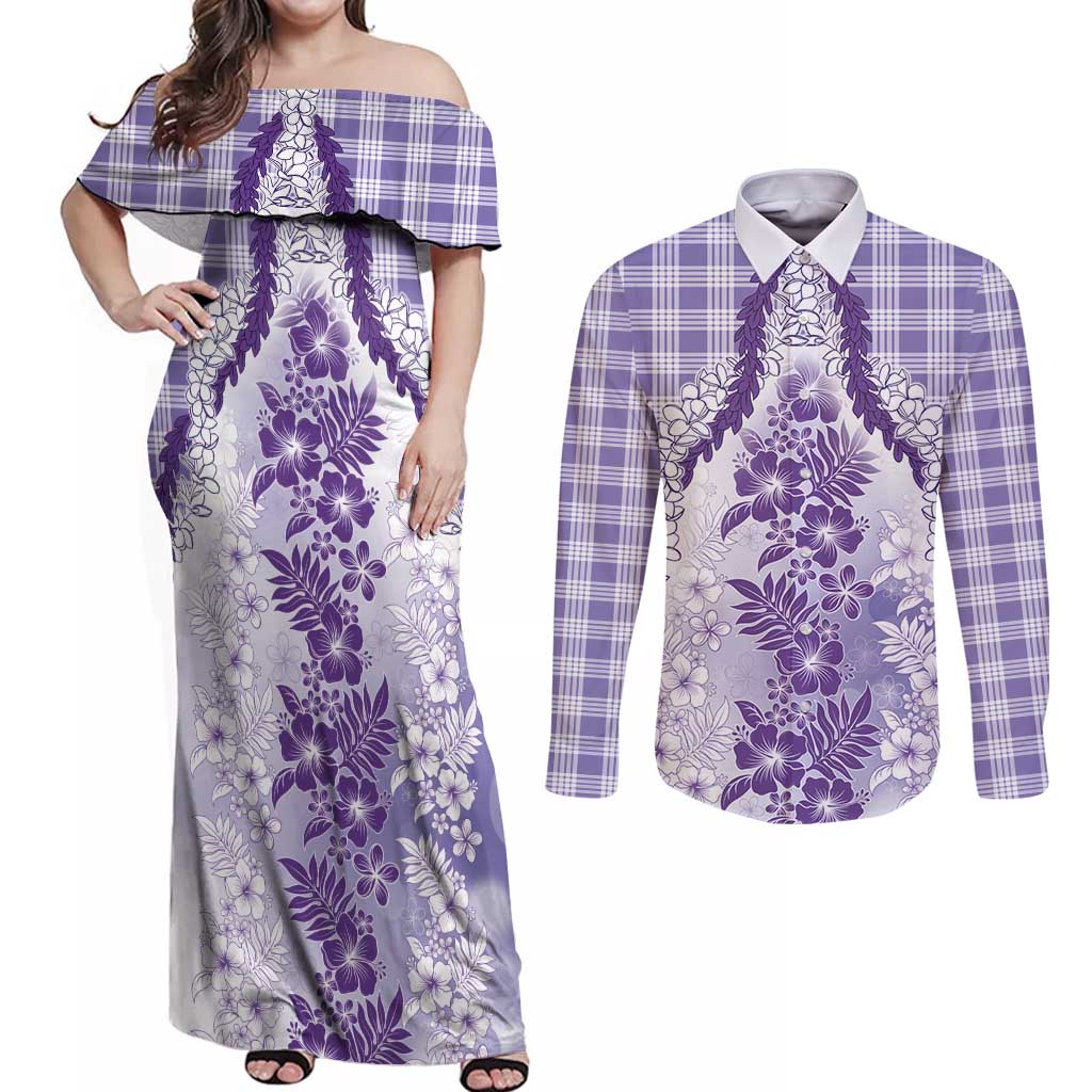 Aloha Hawaii Palaka Couples Matching Off Shoulder Maxi Dress and Long Sleeve Button Shirt Purple Plumeria Lei - Polynesian Pride
