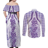 Aloha Hawaii Palaka Couples Matching Off Shoulder Maxi Dress and Long Sleeve Button Shirt Purple Plumeria Lei - Polynesian Pride