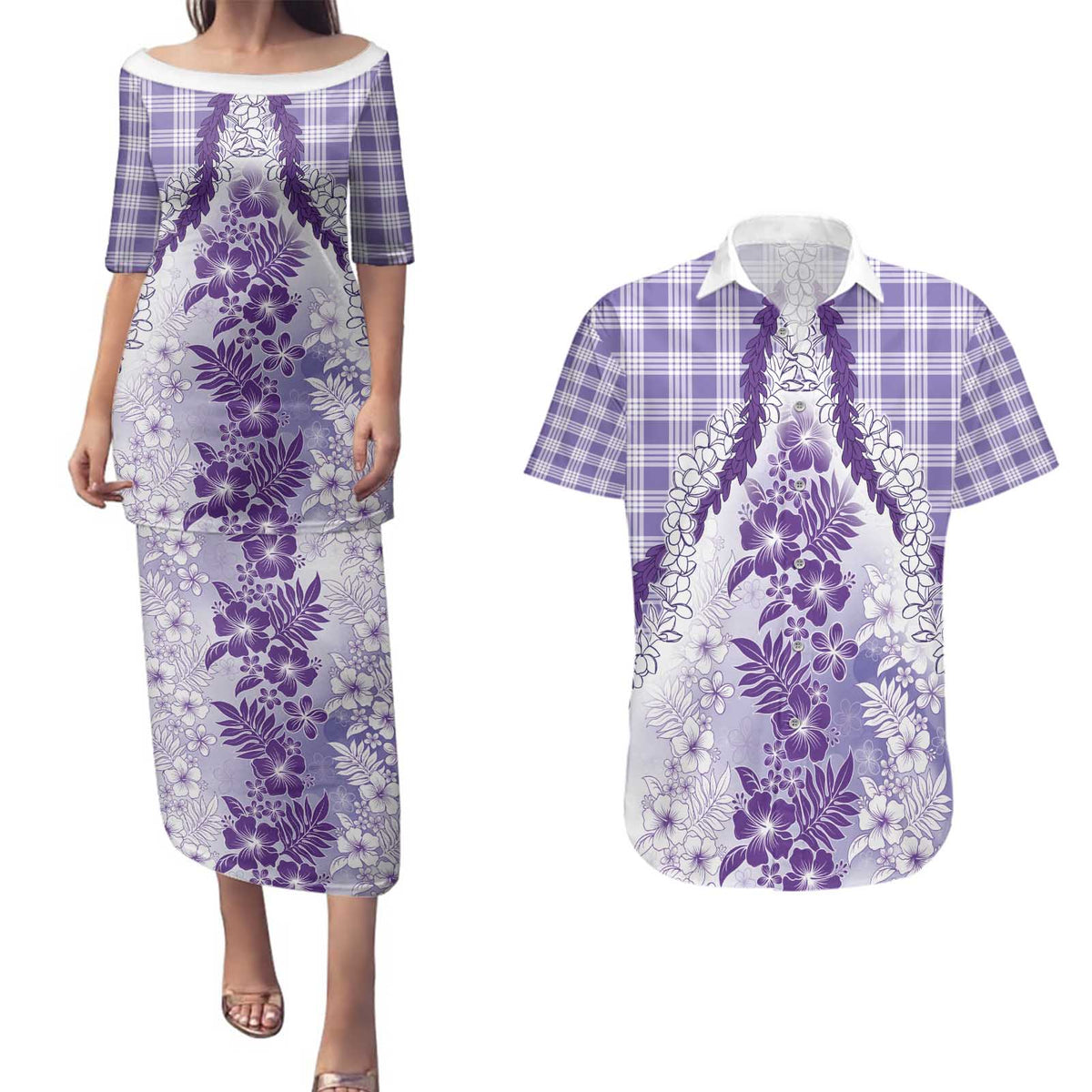 Aloha Hawaii Palaka Couples Matching Puletasi and Hawaiian Shirt Purple Plumeria Lei - Polynesian Pride