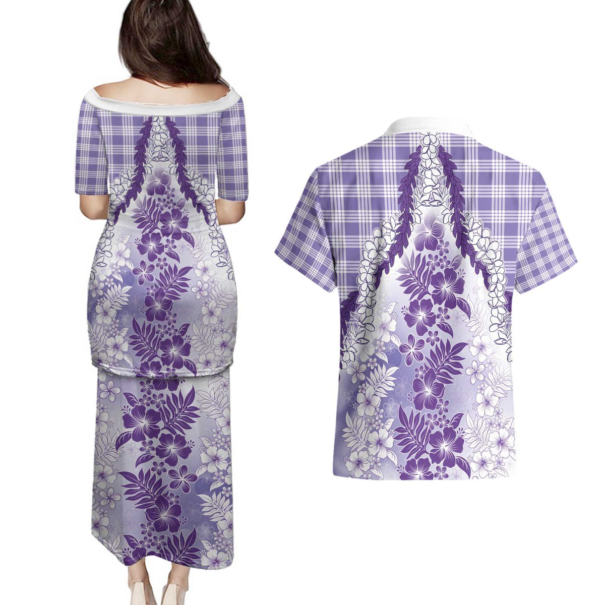 Aloha Hawaii Palaka Couples Matching Puletasi and Hawaiian Shirt Purple Plumeria Lei - Polynesian Pride