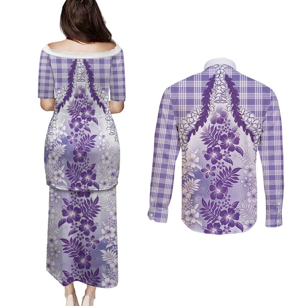 Aloha Hawaii Palaka Couples Matching Puletasi and Long Sleeve Button Shirt Purple Plumeria Lei - Polynesian Pride